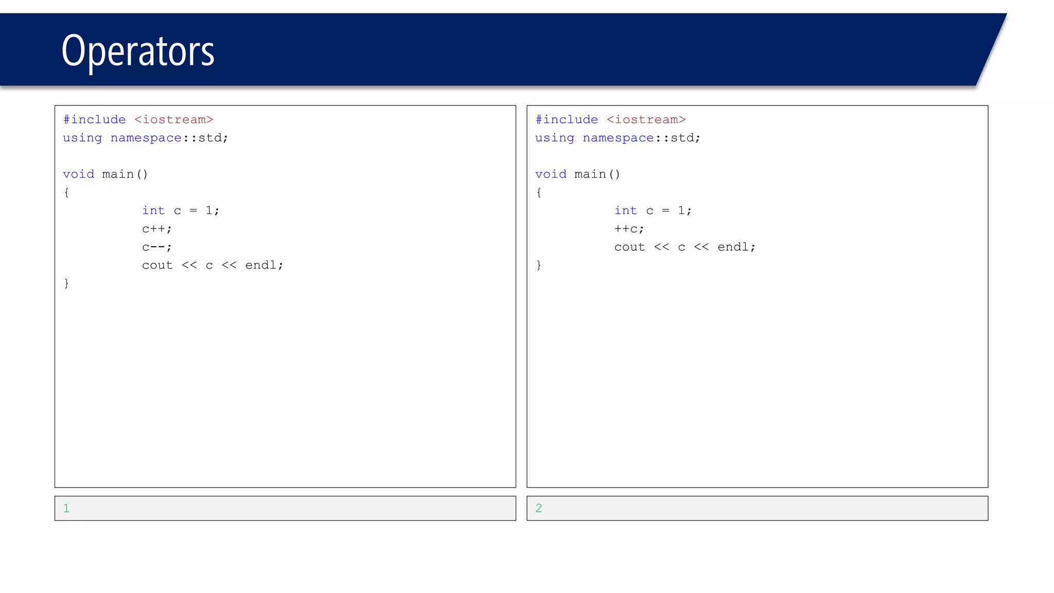 Operators 
#include<iostream> 
usingnamespace::std; 
voidmain() 
{ 
intc = 1, a; 
a = ++c;// a = 2, c = 2 
c--; 
cout<< a << endl; 
} 
2 
#include<iostream> 
usingnamespace::std; 
voidmain() 
{ 
inti=0; 
++i=2; 
cout<<i<<endl; 
system("pause"); 
} 
2  