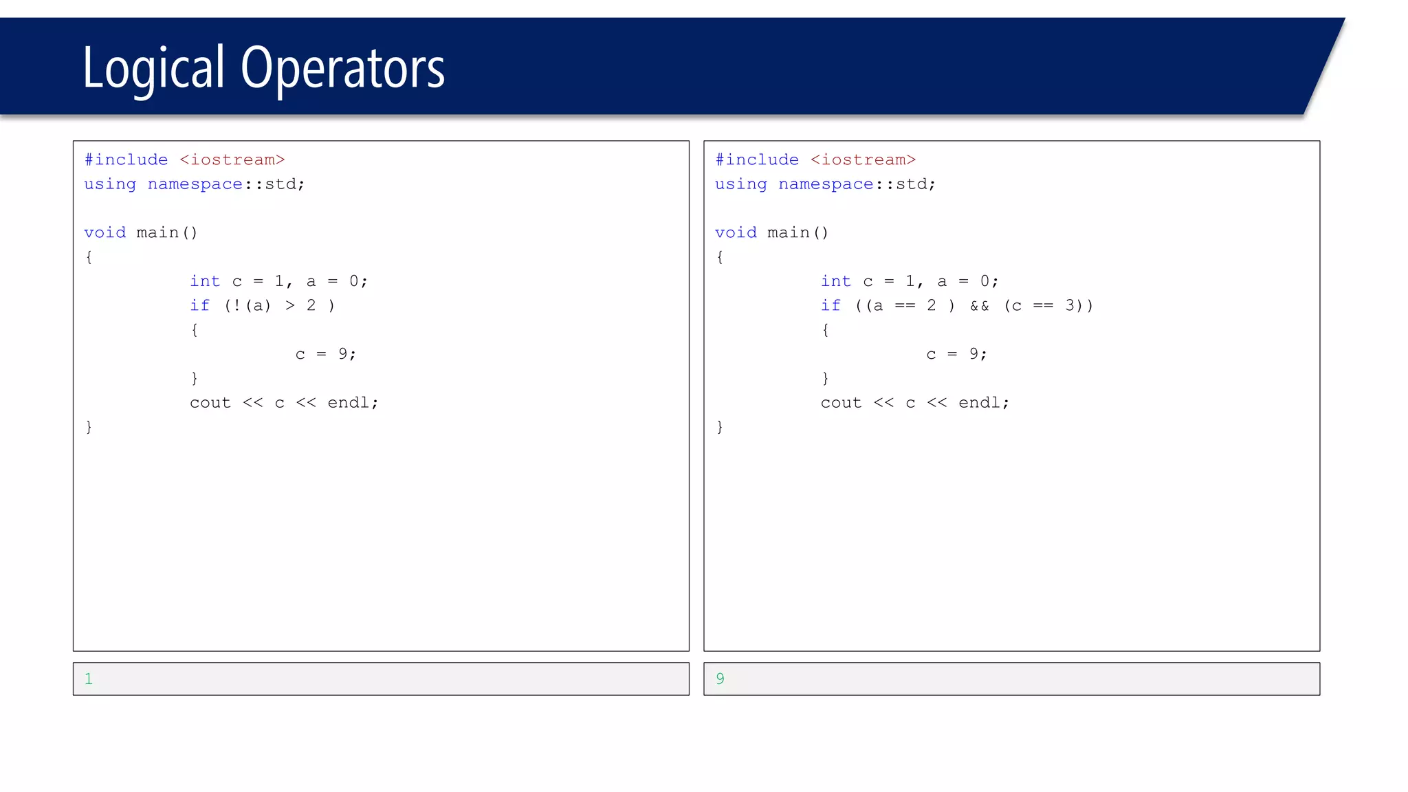 Logical Operators 
•Not always behave as expected 
#include<iostream> 
usingnamespace::std; 
voidmain() 
{ 
intc = -1, a; 
if( 0 < c <= 12 ) 
{ 
c = 9; 
} 
cout<< c << endl; 
} 
9 
// Always evaluated true!  