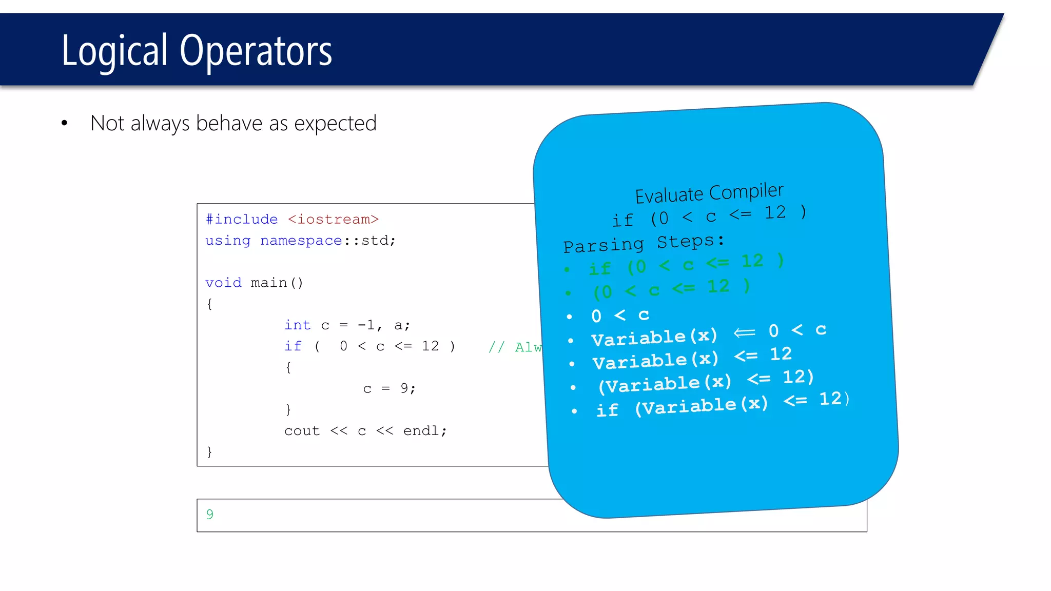 Logical Operators 
•Not always behave as expected 
#include<iostream> 
usingnamespace::std; 
voidmain() 
{ 
intc = -1, a; 
if( 0 < c <= 12 ) 
{ 
c = 9; 
} 
cout<< c << endl; 
} 
9 
// Always evaluated true!  