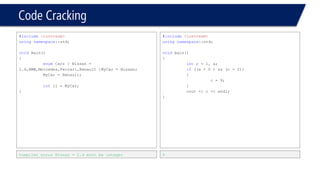 Code Cracking 
#include<iostream> 
usingnamespace::std; 
voidmain() 
{ 
intc; 
if(c++== 1) 
{ 
cout<< "joo"<<endl; 
} 
else 
{ 
cout<< "yoo"<< endl; 
} 
} 
yoo 
#include<iostream> 
usingnamespace::std; 
voidmain() 
{ 
intc; 
if(++c == 1) 
{ 
cout<< "joo"<<endl; 
} 
else 
{ 
cout<< " "<< endl; 
} 
} 
joo 