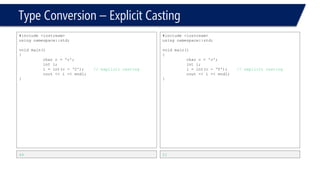 Type Conversion –Explicit Casting 
•Types of explicating Casting 
–static_cast 
–dynamic_cast 
–const_cast 
–reinterpret_cast  