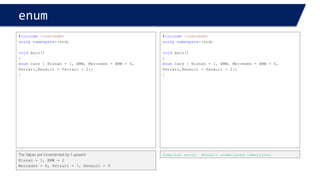 enum 
#include<iostream> 
usingnamespace::std; 
voidmain() 
{ 
enumCars { Nissan = 1, BMW, Mercedes = 1, Ferrari,Renault}; 
} 
The values are ordered from 1upward 
Nissan = 1, BMW = 2 
Mercedes = 1, Ferrari = 2, Renault = 3  