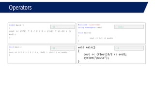 Operators 
•Special Case: 
–When incrementing “+” or decrementing “-” by 1 
•All are the same: 
b = b + 1; 
b += 1; 
b++;  
