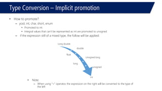 Type Conversion –Implicit promotion 
•How to promote? 
–bool, int, char, short, enum 
•Promoted to int 
•Integral values that can’t be represented as intare promoted to unsigned 
–if the expression still of a mixed type, the follow will be applied: 
Long double 
double 
float 
Unsigned long 
long 
unsigned 
int 
•Note: 
–When using “=” operator, the expression on the right will be converted to the type of the left  