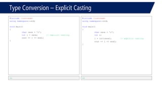 Type Conversion –Explicit Casting 
#include<iostream> 
usingnamespace::std; 
voidmain() 
{ 
charcece= 'c'; 
inti= cece; // implicit casting 
cout<< i<< endl; 
} 
99 
#include<iostream> 
usingnamespace::std; 
voidmain() 
{ 
charcece= 'c'; 
inti; 
i= int(cece); // explicit casting 
cout<< i<< endl; 
} 
99  