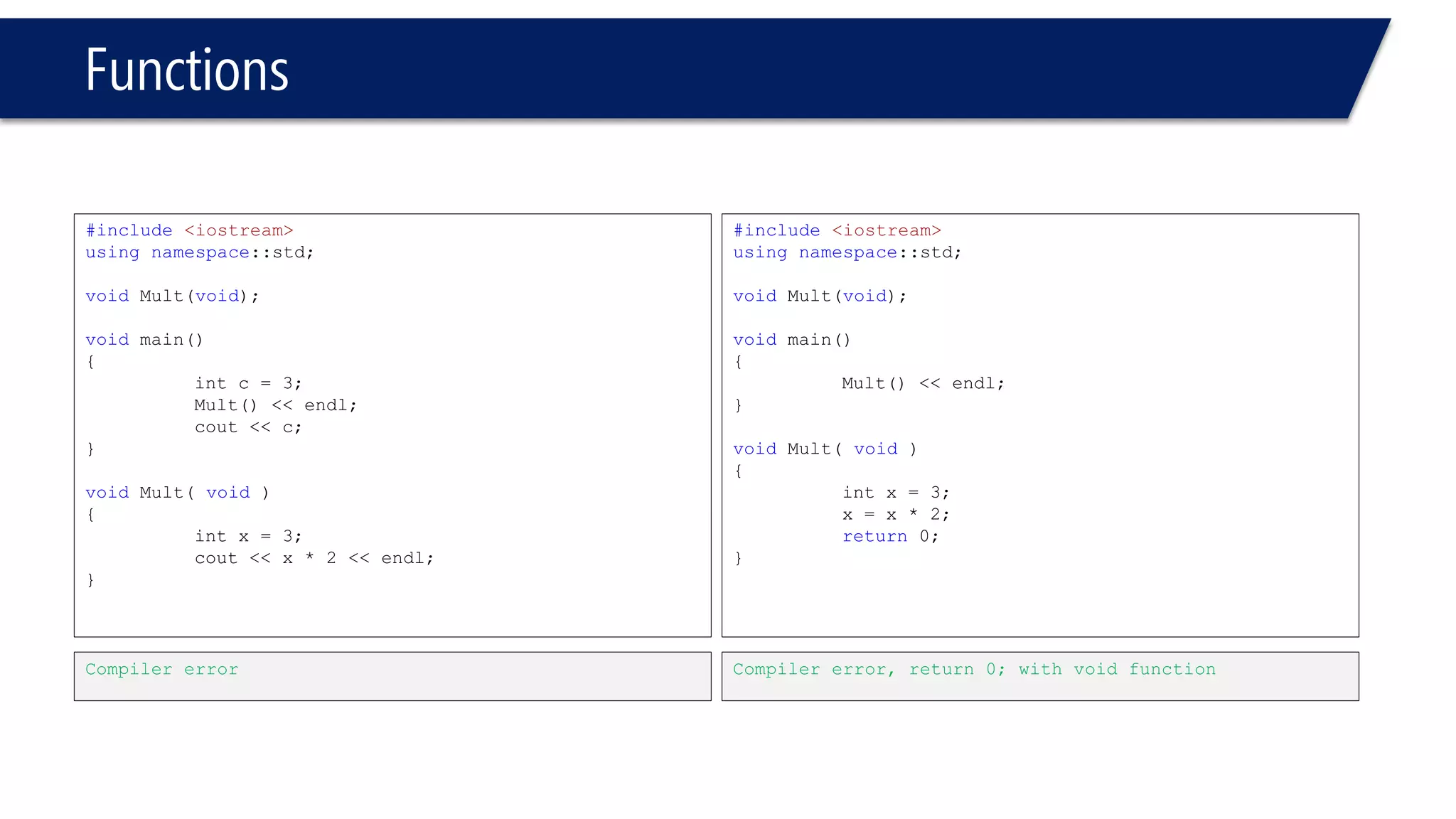 Functions 
#include<iostream> 
usingnamespace::std; 
void Mult(void); 
void main() 
{ 
int c = 3; 
Mult() << endl; 
cout << c; 
} 
voidMult( void ) 
{ 
int x = 3; 
cout << x * 2 << endl; 
} 
#include<iostream> 
usingnamespace::std; 
void Mult(void); 
void main() 
{ 
Mult() << endl; 
} 
voidMult( void ) 
{ 
int x = 3; 
x = x * 2; 
return0; 
} 
Compiler error 
Compiler error, return 0; with void function  