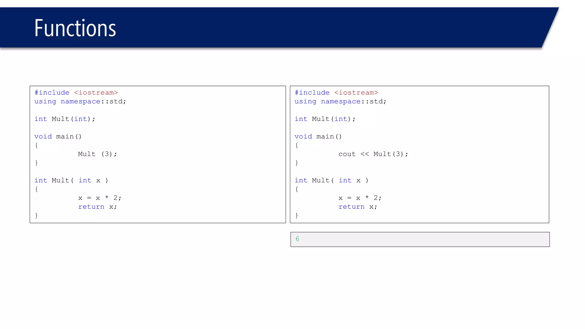 Functions 
#include<iostream> 
usingnamespace::std; 
intMult(int); 
void main() 
{ 
Mult (3); 
} 
intMult( intx ) 
{ 
x = x * 2; 
returnx; 
} 
#include<iostream> 
usingnamespace::std; 
intMult(int); 
void main() 
{ 
cout << Mult(3); 
} 
intMult( intx ) 
{ 
x = x * 2; 
returnx; 
} 
6  