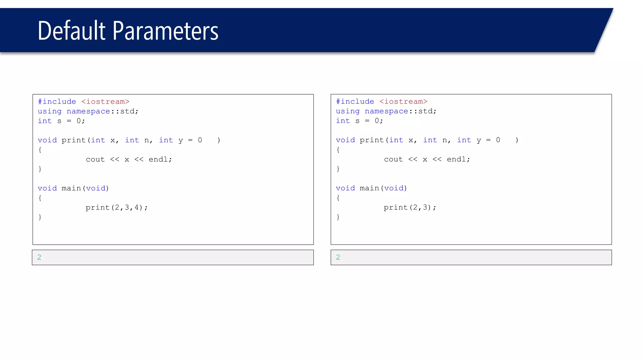 Default Parameters 
#include<iostream> 
usingnamespace::std; 
ints = 0; 
voidprint(intx, intn=10, inty ) 
{ 
cout << x << endl; 
cout << n << endl; 
cout << y << endl; 
} 
voidmain(void) 
{ 
print(2,3); 
} 
Compiler error. y is not defaulted.  