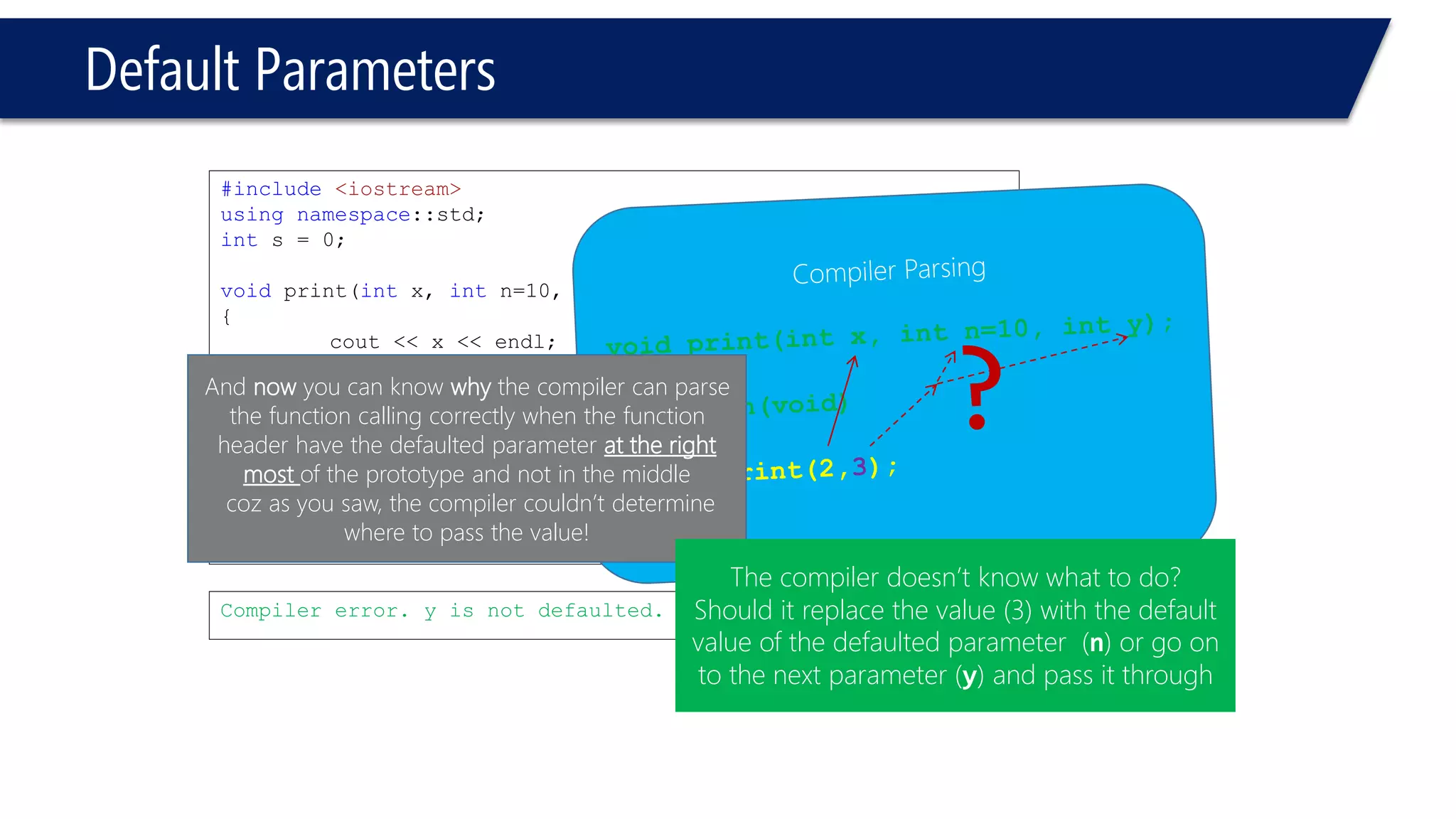 Calling by value VS calling by reference 
#include<iostream> 
usingnamespace::std; 
ints = 0; 
intFuncByValue ( intx ) 
{ 
cout << "In function before multiplication, x = "<< x << endl; 
x = x*4; 
cout << "In function after multiplication, x = "<< x << endl; 
returnx; 
} 
voidmain(void) 
{ 
intx = 2; 
cout << "In main, before calling the function, x = "<< x << endl; 
cout << FuncByValue(x) << endl; 
cout << "In main, after calling the function, x = "<< x << endl; 
} 
In main, before calling the function, x = 2 
In function before multiplication, x = 2 
In function after multiplication, x = 8 
8 
In main, after calling the function, x = 2 
Press any key to continue 
#include<iostream> 
usingnamespace::std; 
ints = 0; 
intFuncByRef ( int& x ) 
{ 
cout << "In function before multiplication, x = "<< x << endl; 
x = x*4; 
cout << "In function after multiplication, x = "<< x << endl; 
returnx; 
} 
voidmain(void) 
{ 
intx = 2; 
cout << "In main, before calling the function, x = "<< x << endl; 
cout << FuncByRef(x) << endl; 
cout << "In main, after calling the function, x = "<< x << endl; 
} 
In main, before calling the function, x = 2 
In function before multiplication, x = 2 
In function after multiplication, x = 8 
8 
In main, after calling the function, x = 8 
Press any key to continue  
