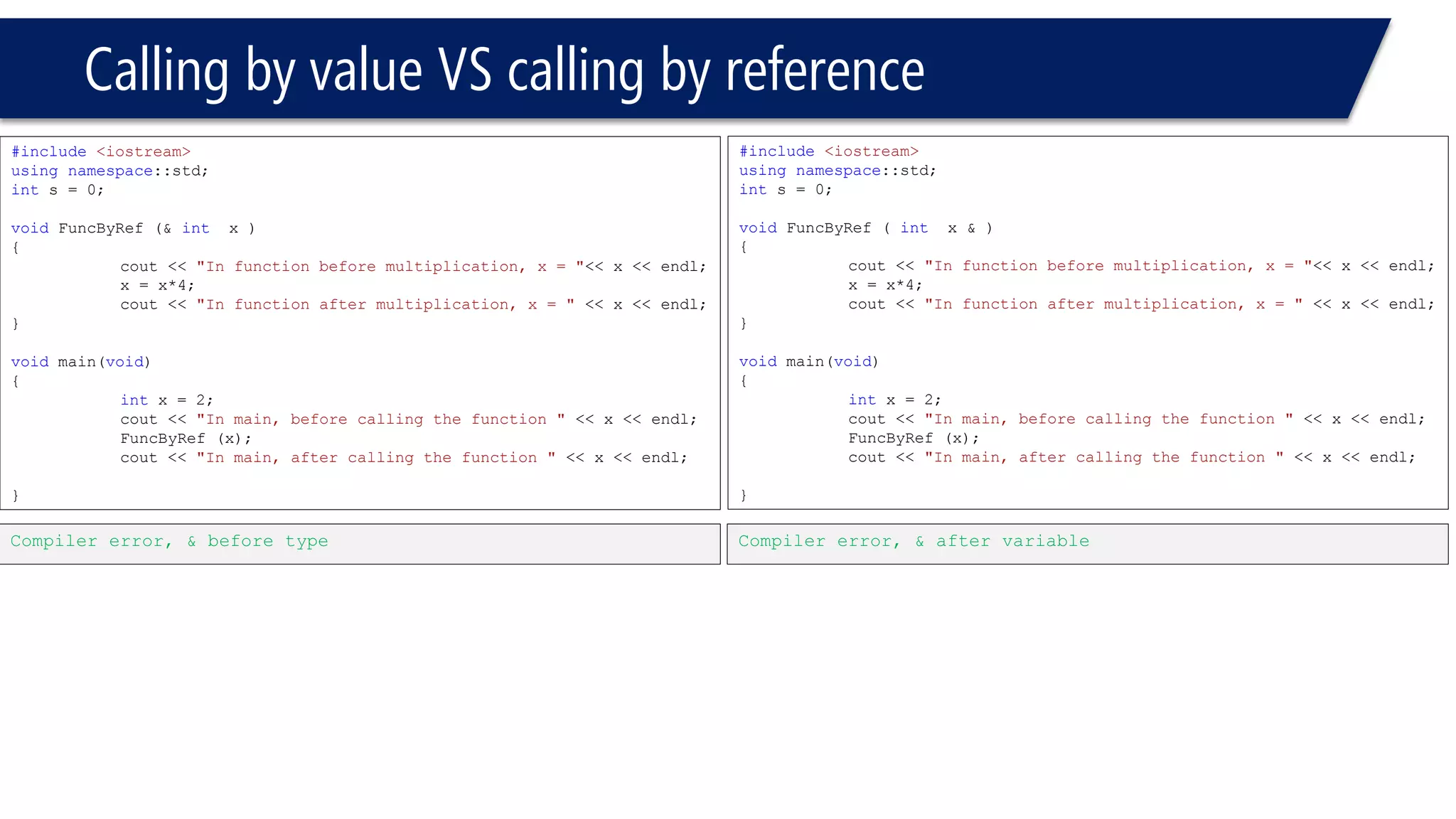 Function Overloading 
#include<iostream> 
usingnamespace::std; 
ints = 0; 
intf ( intx, intz) 
{ 
x = x * 2; 
cout << x << endl; 
cout << z << endl; 
returnx; 
} 
floatf (floatx, intz) 
{ 
x = x * 3; 
cout << x << endl; 
cout << z << endl; 
returnx; 
} 
voidmain(void) 
{ 
inty1 = 2; 
floaty2 = 2; 
intz1 = 3, z2 = 2; 
f(y1,z1); 
f(y2,z2); 
} 
4 
3 
6 
2 
No warnings 
#include<iostream> 
usingnamespace::std; 
ints = 0; 
intf ( intx, intz) 
{ 
x = x * 2; 
cout << x << endl; 
cout << z << endl; 
returnx; 
} 
floatf (floatx, intz) 
{ 
x = x * 3; 
cout << x << endl; 
cout << z << endl; 
returnx; 
} 
voidmain(void) 
{ 
inty1 = 2; 
floaty2 = 2; 
float z1 = 3, z2 = 2; 
f(y1,z1); 
f(y2,z2); 
} 
4 
3 
6 
2 
Warnings  