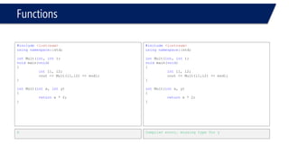 cmathand sqrt 
#include<iostream> 
#include<cmath> 
usingnamespace::std; 
voidmain(void) 
{ 
cout << sqrt(100) << endl; 
} 
#include<iostream> 
#include<cmath> 
usingnamespace::std; 
voidmain(void) 
{ 
cout << sqrt(sqrt(100.0)) << endl; 
} 
Compiler error, can’t use integer “no overloaded function” 
3.16228  