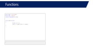 srand() 
#include<iostream> 
#include<ctime> 
usingnamespace::std; 
voidmain(void) 
{ 
intx = 3; 
srand (time(0)); 
cout << x << endl; 
} 
#include<iostream> 
#include<ctime> 
usingnamespace::std; 
voidmain(void) 
{ 
intx = 3; 
srand (time()); 
cout << x << endl; 
} 
3 
Compiler error, need value for time()  