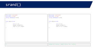 StaticStorage (Very important) 
#include <iostream> 
using namespace std; 
void StaticMyHeadache() 
{ 
static intx = 8; 
cout<< "In function, x = " << x << endl; 
x*=2; 
cout<< "In function, x = " << x << endl; 
} 
intmain() 
{ 
intx = 3; 
cout<< x << endl; 
StaticMyHeadache(); 
cout<< x << endl; 
StaticMyHeadache(); 
} 
Defined and initialized at the same time in the first time of calling the function then the compiler no longer parse this line of code 
3 
In function, x = 8 
In function, x = 16 
3 
In function, x = 16 
In function, x = 32 
Press any key to continue  