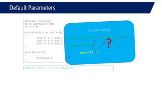 Calling by value VS calling by reference 
#include<iostream> 
usingnamespace::std; 
ints = 0; 
voidFuncByValue (intx ) 
{ 
cout << "In function before multiplication, x = "<< x << endl; 
x = x*4; 
cout << "In function after multiplication, x = "<< x << endl; 
} 
voidmain(void) 
{ 
intx = 2; 
cout << "In main, before calling the function "<< x << endl; 
FuncByValue(x); 
cout << "In main, after calling the function "<< x << endl; 
} 
In main, before calling the function 2 
In function before multiplication, x = 2 
In function after multiplication, x = 8 
In main, after calling the function 2 
Press any key to continue 
#include<iostream> 
usingnamespace::std; 
ints = 0; 
voidFuncByRef (int& x ) 
{ 
cout << "In function before multiplication, x = "<< x << endl; 
x = x*4; 
cout << "In function after multiplication, x = "<< x << endl; 
} 
voidmain(void) 
{ 
intx = 2; 
cout << "In main, before calling the function "<< x << endl; 
FuncByRef (x); 
cout << "In main, after calling the function "<< x << endl; 
} 
In main, before calling the function 2 
In function before multiplication, x = 2 
In function after multiplication, x = 8 
In main, after calling the function 8 
Press any key to continue  