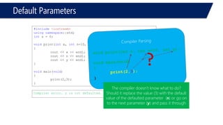 Calling by value VS calling by reference 
#include<iostream> 
usingnamespace::std; 
ints = 0; 
voidFuncByRef (& intx ) 
{ 
cout << "In function before multiplication, x = "<< x << endl; 
x = x*4; 
cout << "In function after multiplication, x = "<< x << endl; 
} 
voidmain(void) 
{ 
intx = 2; 
cout << "In main, before calling the function "<< x << endl; 
FuncByRef (x); 
cout << "In main, after calling the function "<< x << endl; 
} 
Compiler error, & before type 
#include<iostream> 
usingnamespace::std; 
ints = 0; 
voidFuncByRef ( intx & ) 
{ 
cout << "In function before multiplication, x = "<< x << endl; 
x = x*4; 
cout << "In function after multiplication, x = "<< x << endl; 
} 
voidmain(void) 
{ 
intx = 2; 
cout << "In main, before calling the function "<< x << endl; 
FuncByRef (x); 
cout << "In main, after calling the function "<< x << endl; 
} 
Compiler error, & after variable  