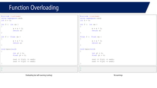 Quiz 1 
voidmain(void) 
{ 
intx = 9; 
cout << x << endl; 
{ 
{ 
intx = 5; 
cout << x++ << endl; 
} 
cout << x << endl; 
::x = x+2; 
} 
cout << x << endl; 
{ 
foo(); 
foo();} 
cout << x << endl; 
cout <<::x << endl; 
} 
9 
5 
9 
9 
first x in foo = 5 
second x in foo = 6 
first x in foo = 5 
second x in foo = 6 
9 
11 
Press any key to continue 
#include <iostream> 
using namespace::std; 
intx = 34; 
void foo() 
{ 
static intx = 3;// initialized only ONE time 
x = 5; 
cout<< "first x in foo = " << x << endl; 
x++; 
cout<< "second x in foo = " << x << endl; 
}  