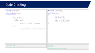 Code Cracking 
#include<iostream> 
usingnamespace::std; 
voidmain(void) 
{ 
inti = 100; 
int*ptr; 
*ptr = &i; 
} 
Compiler error, can’t convert from *int to int  