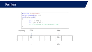 100 
1024 
i 
ptr 
memory 
1024 
1064 
#include<iostream> 
usingnamespace::std; 
voidmain(void) 
{ 
inti = 100 ; 
int*ptr ; 
ptr = &i ; 
} 
The “pointer” now has the “address” of the “variable” 
Pointers  