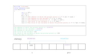 Code Cracking -Pointers 
#include<iostream> 
usingnamespace::std; 
voidmain(void) 
{ 
inti = 100; 
int* ptr; 
ptr = &i; 
cout << i << " "<< &i << endl; 
cout << ptr << " "<< &ptr << endl; 
} 
100 0020F180 
0020F180 0020F184 
Press any key to continue 
When printing the pointer “ptr” all by itself, the output will be the address of the variable in which the pointer “ptr” points to  