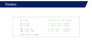Pointers 
p1 = i1;// *int!= int, not correct 
p1 = & i1;// *int = *int, correct 
p2 = & i2;// *int = *int, correct 
*p1 = i2 * 2;// int = int, correct 
*p2 = *p1 + 50;// int = int, correct 
cout << *p2 << endl;  