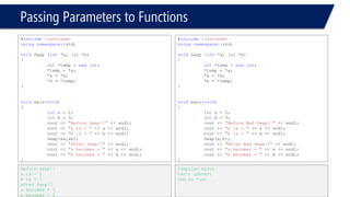 Passing Parameters to Functions 
#include<iostream> 
usingnamespace::std; 
voidSwap (int*a, int*b) 
{ 
inttemp; 
temp = *a; 
*a = *b; 
*b = temp; 
} 
voidmain(void) 
{ 
int*a; 
int*b; 
*a = 3; 
*b = 5; 
Swap(a,b); 
cout << *a << endl; 
cout << *b << endl; 
} 
Compile but runtimer error. The is because the pointers hasn’t been initialized (without new) 
#include<iostream> 
usingnamespace::std; 
voidSwap (int*a, int*b) 
{ 
inttemp; 
temp = *a; 
a = b; 
*b = temp; 
} 
voidmain(void) 
{ 
int*a = newint; 
int*b = newint; 
*a = 3; 
*b = 5; 
Swap(a,b); 
cout << *a << endl; 
cout << *b << endl; 
} 
3 
3  