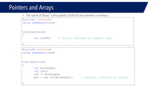 Pointers and Arrays 
#include<iostream> 
usingnamespace::std; 
voidmain(void) 
{ 
int*p1, *p2; 
p1 = newint;// allocate but not initialized yet 
p2 = newint; // allocate but not initialized yet 
} 
p1 
p2 
-842150451 
546546546  