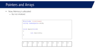Pointers and Arrays 
•Now, Memory is allocated 
–But not initialized 
? 
? 
? 
? 
? 
? 
? 
? 
? 
2 
#include<iostream> 
usingnamespace::std; 
voidmain(void) 
{ 
intArr[10]; 
Arr[9] = 2; 
cout << Arr[9] << endl; 
cout << Arr[2] << endl; 
}  