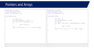 Pointers and Arrays 
#include<iostream> 
usingnamespace::std; 
constintArrSize = 10; 
voidmain(void) 
{ 
intsum = 0; 
intArr[ArrSize] = {1,3}; 
int*ptr; 
for(ptr = Arr; ptr < &Arr[ArrSize]; ++ptr) 
{ 
sum += *ptr; 
} 
cout << "The sum is = "<< sum << endl; 
} 
4  