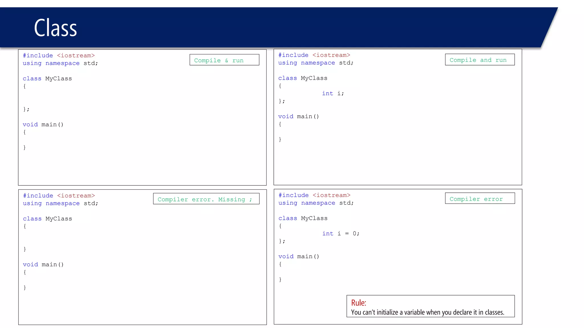 Class 
#include<iostream> 
usingnamespacestd; 
classMyClass 
{ 
}; 
voidmain() 
{ 
} 
Compile & run 
#include<iostream> 
usingnamespacestd; 
classMyClass 
{ 
} 
voidmain() 
{ 
} 
Compiler error. Missing ; 
#include<iostream> 
usingnamespacestd; 
classMyClass 
{ 
inti; 
}; 
voidmain() 
{ 
} 
Compile and run 
#include<iostream> 
usingnamespacestd; 
classMyClass 
{ 
inti = 0; 
}; 
voidmain() 
{ 
} 
Compiler error 
Rule: 
You can’t initialize a variable when you declare it in classes.  