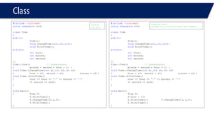 Class 
#include<iostream> 
usingnamespacestd; 
classTime 
{ 
public: 
Time(); 
voidChangeTime(int,int,int); 
voidPrintTime(); 
private: 
inthour; 
intminute; 
intsecond; 
}; 
Time::Time()// constructor 
{minute = second = hour = 0; } 
voidTime::ChangeTime(intx1,intx2,intx3) 
{hour = x1; second = x2; minute = x3;} 
voidTime::PrintTime() 
{cout << hour << ":"<< minute << ":" 
<< second << endl; 
} 
voidmain() 
{Time T; 
T.PrintTime(); 
T.ChangeTime(11,1,5); 
T.PrintTime(); 
} 
#include<iostream> 
usingnamespacestd; 
classTime 
{ 
public: 
Time(); 
voidChangeTime(int,int,int); 
voidPrintTime(); 
private: 
inthour; 
intminute; 
intsecond; 
}; 
Time::Time()// constructor 
{minute = second = hour = 0; } 
voidTime::ChangeTime(intx1,intx2,intx3) 
{hour = x1; second = x2; minute = x3;} 
voidTime::PrintTime() 
{cout << hour << ":"<< minute << ":" 
<< second << endl; 
} 
voidmain() 
{Time T; 
T.hour = 12; 
T.PrintTime();T.ChangeTime(11,1,5); T.PrintTime(); 
} 
0:0:0 
11:5:1 
Compiler error 
Attempting to access private data members  