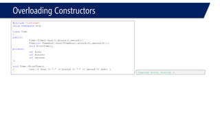 Overloading Constructors 
#include<iostream> 
usingnamespacestd; 
classTime 
{ 
public: 
Time::Time():hour(),minute(),second(); 
Time(intTimeHour):hour(TimeHour),minute(0),second(0){}; 
voidPrintTime(); 
private: 
inthour; 
intminute; 
intsecond; 
}; 
voidTime::PrintTime() 
{cout << hour << ":"<< minute << ":"<< second << endl; } 
Compiler error, missing {}  