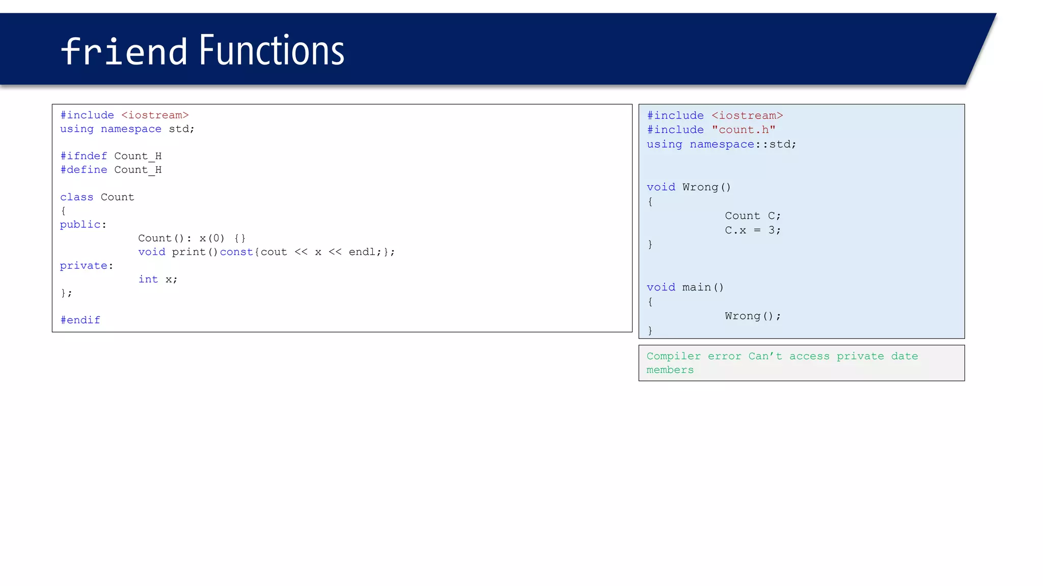friendFunctions 
#include<iostream> 
usingnamespacestd; 
#ifndefCount_H 
#defineCount_H 
classCount 
{ 
public: 
Count(): x(0) {} 
voidprint()const{cout << x << endl;}; 
private: 
intx; 
}; 
#endif 
Compiler error Can’t access private date members 
#include<iostream> 
#include"count.h" 
usingnamespace::std; 
voidWrong() 
{ 
Count C; 
C.x = 3; 
} 
voidmain() 
{ 
Wrong(); 
}  