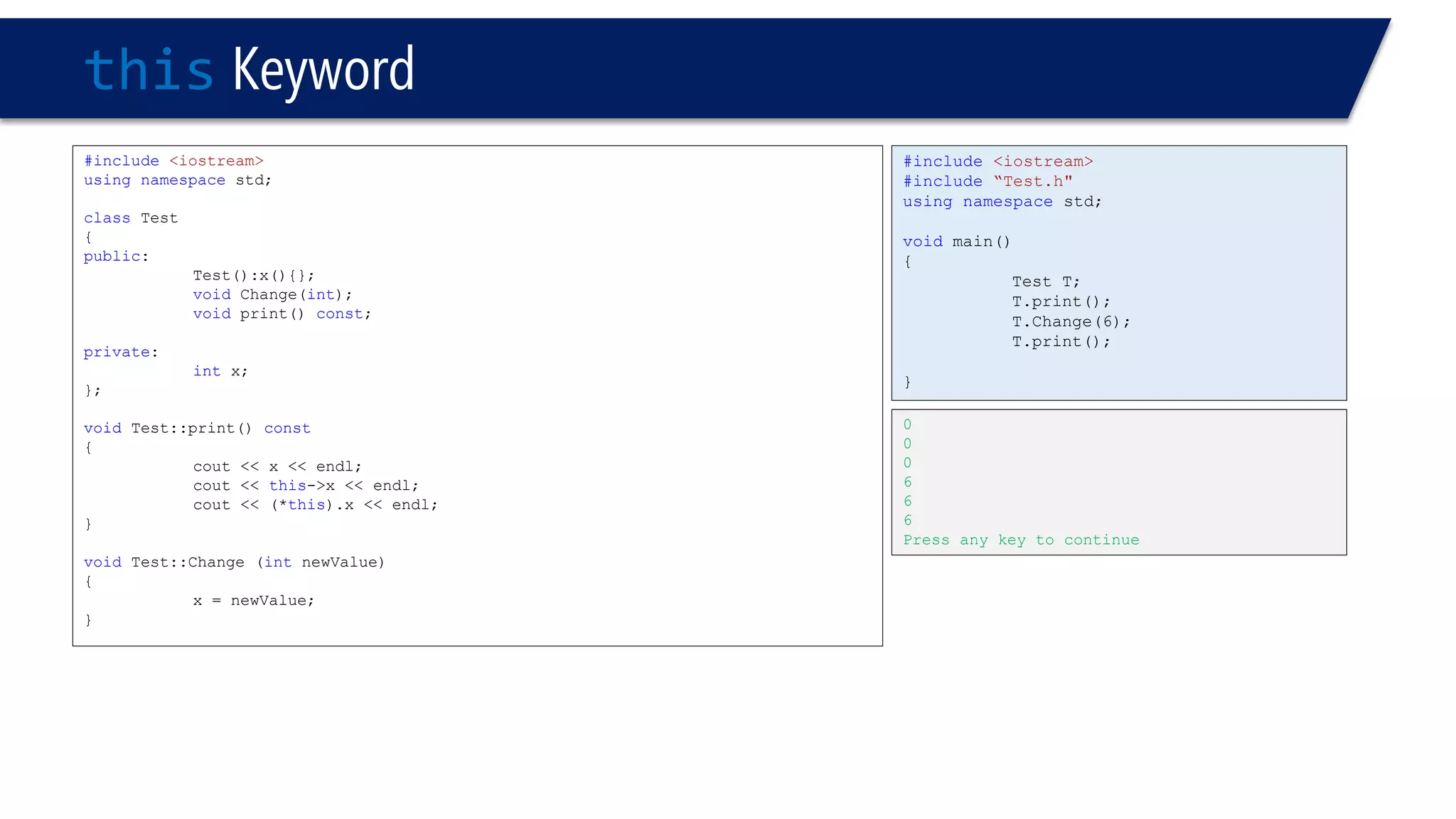 thisKeyword 
#include<iostream> 
usingnamespacestd; 
classTest 
{ 
public: 
Test():x(){}; 
voidChange(int); 
voidprint() const; 
private: 
intx; 
}; 
voidTest::print() const 
{ 
cout << x << endl; 
cout << this->x << endl; 
cout << (*this).x << endl; 
} 
voidTest::Change (intnewValue) 
{ 
x = newValue; 
} 
#include<iostream> 
#include“Test.h" 
usingnamespacestd; 
voidmain() 
{ 
Test T; 
T.print(); 
T.Change(6); 
T.print(); 
} 
0 
0 
0 
6 
6 
6 
Press any key to continue  