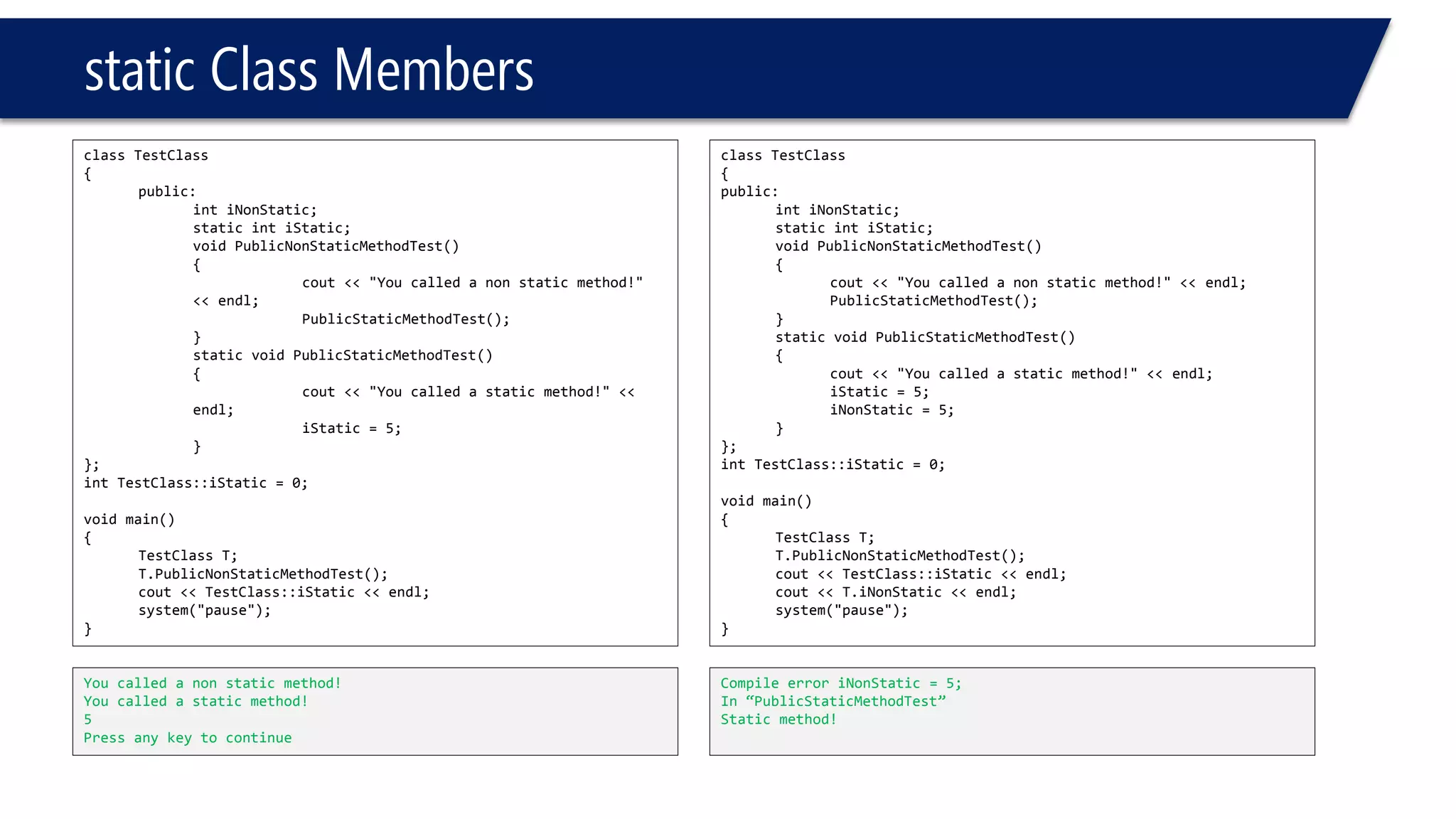static Class Members 
class TestClass 
{ 
public: 
intiNonStatic; 
static intiStatic; 
void PublicNonStaticMethodTest() 
{ 
cout<< "You called a non static method!" << endl; 
PublicStaticMethodTest(); 
} 
static void PublicStaticMethodTest() 
{ 
cout<< "You called a static method!" << endl; 
iStatic= 5; 
} 
}; 
intTestClass::iStatic= 0; 
void main() 
{ 
TestClassT; 
T.PublicNonStaticMethodTest(); 
cout<< TestClass::iStatic<< endl; 
system("pause"); 
} 
You called a non static method! 
You called a static method! 
5 
Press any key to continue 
class TestClass 
{ 
public: 
intiNonStatic; 
static intiStatic; 
void PublicNonStaticMethodTest() 
{ 
cout<< "You called a non static method!" << endl; 
PublicStaticMethodTest(); 
} 
static void PublicStaticMethodTest() 
{ 
cout<< "You called a static method!" << endl; 
iStatic= 5; 
iNonStatic= 5; 
} 
}; 
intTestClass::iStatic= 0; 
void main() 
{ 
TestClassT; 
T.PublicNonStaticMethodTest(); 
cout<< TestClass::iStatic<< endl; 
cout<< T.iNonStatic<< endl; 
system("pause"); 
} 
Compile error iNonStatic= 5; 
In “PublicStaticMethodTest” 
Static method!  