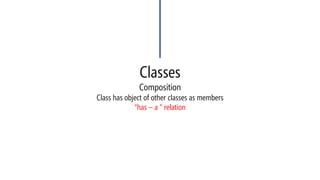 ClassesCompositionClass has object of other classes as members“has –a ” relation  