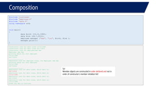 Composition 
#include<iostream> 
#include"employee.h" 
#include"date.h" 
usingnamespacestd; 
voidmain() 
{ 
date Birth (15,12,1990); 
date Hire (28,7,2010); 
employee manager ("mee", "loo", Birth, Hire ); 
manager.print(); 
} 
Constructor runs for date class 15/12/1990 
Constructor runs for date class 28/7/2010 
constructor runs for employee:mee Hee 
Employee: mee Hee 
printing dates for this employee 
15/12/1990 
28/7/2010 
________________ 
destructor runs for employee class, for Employee: mee Hee 
printing dates for this employee 
15/12/1990 
28/7/2010 
________________ 
destructor runs for date class, which date is: 
28/7/2010 
destructor runs for date class, which date is: 
15/12/1990 
destructor runs for date class, which date is: 
28/7/2010 
destructor runs for date class, which date is: 
15/12/1990 
Press any key to continue 
So! 
Member objects are constructed in order declared and not in order of constructor’s member initializer list!  