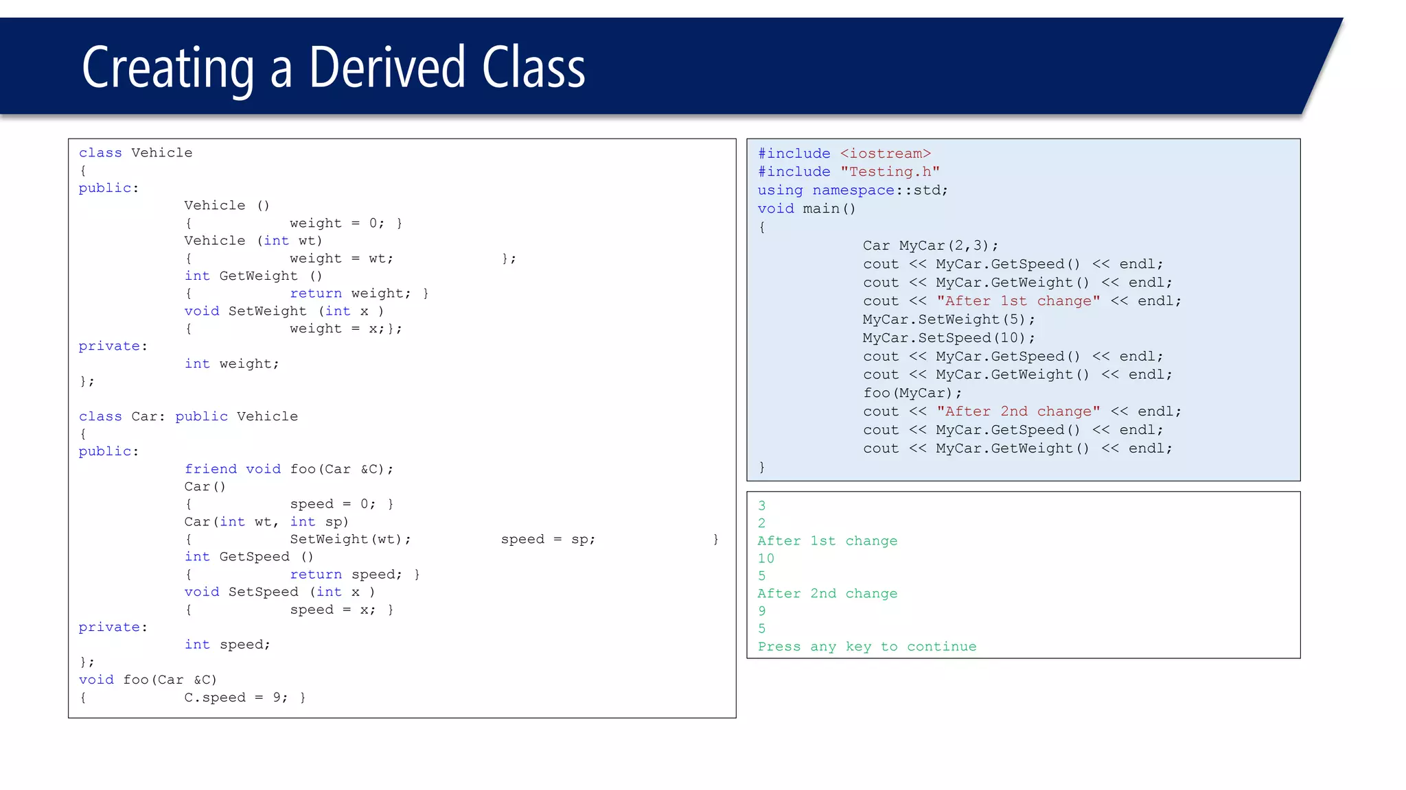 Creating a Derived Class 
classVehicle 
{ 
public: 
Vehicle () 
{weight = 0; } 
Vehicle (intwt) 
{weight = wt; }; 
intGetWeight () 
{returnweight; } 
voidSetWeight (intx ) 
{weight = x;}; 
private: 
intweight; 
}; 
classCar: publicVehicle 
{ 
public: 
friendvoidfoo(Car &C); 
Car() 
{speed = 0; } 
Car(intwt, intsp) 
{SetWeight(wt); speed = sp; } 
intGetSpeed () 
{returnspeed; } 
voidSetSpeed (intx ) 
{speed = x; } 
private: 
intspeed; 
}; 
voidfoo(Car &C) 
{C.speed = 9; } 
#include<iostream> 
#include"Testing.h" 
usingnamespace::std; 
voidmain() 
{ 
Car MyCar(2,3); 
cout << MyCar.GetSpeed() << endl; 
cout << MyCar.GetWeight() << endl; 
cout << "After 1st change"<< endl; 
MyCar.SetWeight(5); 
MyCar.SetSpeed(10); 
cout << MyCar.GetSpeed() << endl; 
cout << MyCar.GetWeight() << endl; 
foo(MyCar); 
cout << "After 2nd change"<< endl; 
cout << MyCar.GetSpeed() << endl; 
cout << MyCar.GetWeight() << endl; 
} 
3 
2 
After 1st change 
10 
5 
After 2nd change 
9 
5 
Press any key to continue  