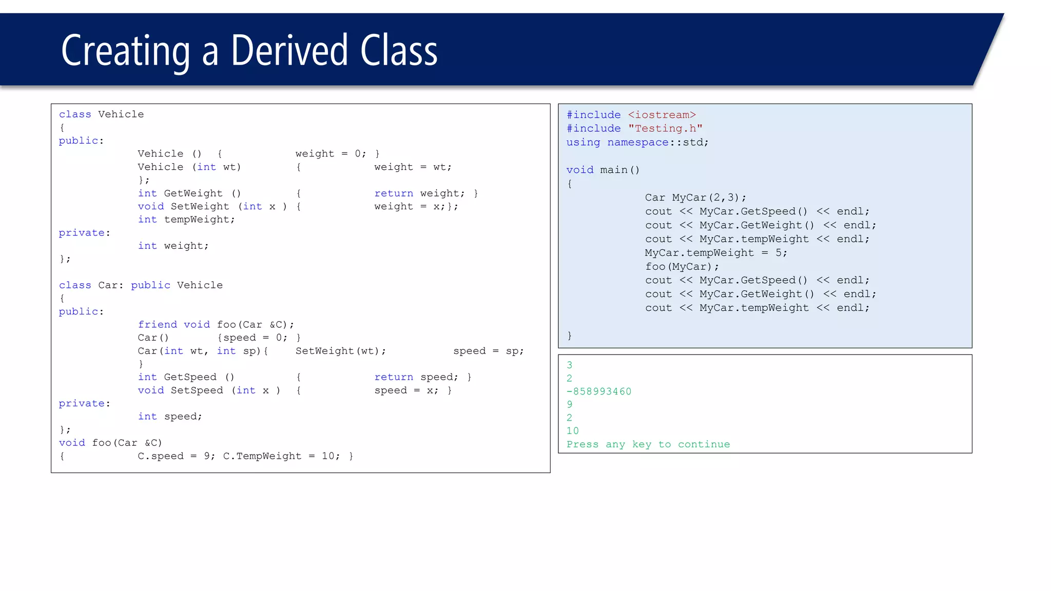 Creating a Derived Class 
classVehicle 
{ 
public: 
Vehicle (){weight = 0; } 
Vehicle (intwt){weight = wt; }; 
intGetWeight (){returnweight; } 
voidSetWeight (intx ){weight = x;}; 
inttempWeight; 
private: 
intweight; 
}; 
classCar: publicVehicle 
{ 
public: 
friendvoidfoo(Car &C); 
Car(){speed = 0; } 
Car(intwt, intsp){SetWeight(wt); speed = sp; } 
intGetSpeed () {returnspeed; } 
voidSetSpeed (intx ){speed = x; } 
private: 
intspeed; 
}; 
voidfoo(Car &C) 
{C.speed = 9; C.TempWeight = 10; } 
#include<iostream> 
#include"Testing.h" 
usingnamespace::std; 
voidmain() 
{ 
Car MyCar(2,3); 
cout << MyCar.GetSpeed() << endl; 
cout << MyCar.GetWeight() << endl; 
cout << MyCar.tempWeight << endl; 
MyCar.tempWeight = 5; 
foo(MyCar); 
cout << MyCar.GetSpeed() << endl; 
cout << MyCar.GetWeight() << endl; 
cout << MyCar.tempWeight << endl; 
} 
3 
2 
-858993460 
9 
2 
10 
Press any key to continue  