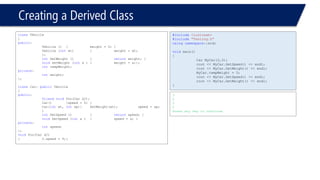 Creating a Derived Class 
classVehicle 
{ 
public: 
Vehicle (){weight = 0; } 
Vehicle (intwt){weight = wt; }; 
intGetWeight (){returnweight; } 
voidSetWeight (intx ){weight = x;}; 
inttempWeight; 
private: 
intweight; 
}; 
classCar: publicVehicle 
{ 
public: 
friendvoidfoo(Car &C); 
Car(){speed = 0; } 
Car(intwt, intsp){SetWeight(wt); speed = sp; } 
intGetSpeed () {returnspeed; } 
voidSetSpeed (intx ){speed = x; } 
private: 
intspeed; 
}; 
voidfoo(Car &C) 
{C.speed = 9;} 
#include<iostream> 
#include"Testing.h" 
usingnamespace::std; 
voidmain() 
{ 
Car MyCar(2,3); 
cout << MyCar.GetSpeed() << endl; 
cout << MyCar.GetWeight() << endl; 
MyCar.tempWeight = 5; 
cout << MyCar.GetSpeed() << endl; 
cout << MyCar.GetWeight() << endl; 
} 
3 
2 
3 
2 
Press any key to continue  