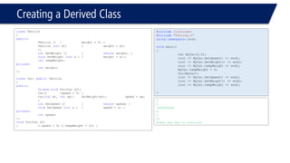 Creating a Derived Class 
classVehicle 
{ 
public: 
Vehicle (){weight = 0; } 
Vehicle (intwt){weight = wt; }; 
intGetWeight (){returnweight; } 
voidSetWeight (intx ){weight = x;}; 
inttempWeight; 
private: 
intweight; 
}; 
classCar: publicVehicle 
{ 
public: 
friendvoidfoo(Car &C); 
Car(){speed = 0; } 
Car(intwt, intsp){SetWeight(wt); speed = sp; } 
intGetSpeed () {returnspeed; } 
voidSetSpeed (intx ){speed = x; } 
private: 
intspeed; 
}; 
voidfoo(Car &C) 
{C.speed = 9; C.TempWeight = 10; } 
#include<iostream> 
#include"Testing.h" 
usingnamespace::std; 
voidmain() 
{ 
Car MyCar(2,3); 
cout << MyCar.GetSpeed() << endl; 
cout << MyCar.GetWeight() << endl; 
cout << MyCar.tempWeight << endl; 
MyCar.tempWeight = 5; 
foo(MyCar); 
cout << MyCar.GetSpeed() << endl; 
cout << MyCar.GetWeight() << endl; 
cout << MyCar.tempWeight << endl; 
} 
3 
2 
-858993460 
9 
2 
10 
Press any key to continue  