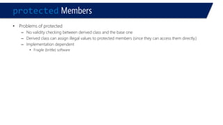 protectedMembers 
•Problems of protected 
–No validity checking between derived class and the base one 
–Derived class can assign illegal values to protected members (since they can access them directly.) 
–Implementation dependent 
•Fragile (brittle) software  