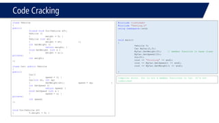 Code Cracking 
classVehicle 
{ 
public: 
friendvoidfoo(Vehicle &V); 
Vehicle () 
{weight = 0; } 
Vehicle (intwt) 
{weight = wt; }; 
intGetWeight () 
{returnweight; } 
voidSetWeight (intx ) 
{weight = x;}; 
private: 
intweight; 
}; 
classCar: publicVehicle 
{ 
public: 
Car() 
{speed = 0; } 
Car(intwt, intsp) 
{SetWeight(wt); speed = sp; } 
intGetSpeed () 
{returnspeed; } 
voidSetSpeed (intx ) 
{speed = x; } 
private: 
intspeed; 
}; 
voidfoo(Vehicle &V) 
{V.weight = 9; } 
#include<iostream> 
#include"Testing.h" 
usingnamespace::std; 
voidmain() 
{ 
Vehicle V; 
Car MyCar(2,3); 
MyCar.SetWeight(5);// member function in base class 
MyCar.SetSpeed(10); 
foo(V); 
cout << "Printing"<< endl; 
cout << MyCar.GetSpeed() << endl; 
cout << MyCar.GetWeight() << endl; 
} 
Compiler error. foo is not a member functions in Car. It’s not inherited!  