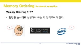 C++ Concurrency in Action Study
C++ Korea
Memory Ordering for atomic operation
101
Memory Ordering 이란?
• 얼만큼 순서대로 실행해야 하는 지 알려주어야 한다
!!
1
2
 