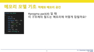 C++ Concurrency in Action Study
C++ Korea
메모리 모델 기초 객체와 메모리 공간
11
#progma pack(4) 일 때
이 구조체의 필드는 메모리에 어떻게 잡힐까요?
 