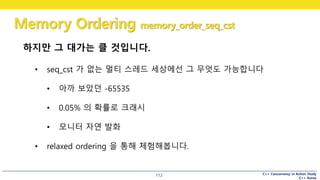 C++ Concurrency in Action Study
C++ Korea
Memory Ordering memory_order_seq_cst
112
하지만 그 대가는 클 것입니다.
• seq_cst 가 없는 멀티 스레드 세상에선 그 무엇도 가능합니다
• 아까 보았던 -65535
• 0.05% 의 확률로 크래시
• 모니터 자연 발화
• relaxed ordering 을 통해 체험해봅니다.
 