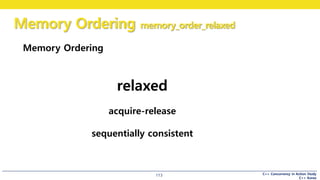 C++ Concurrency in Action Study
C++ Korea
Memory Ordering memory_order_relaxed
113
Memory Ordering
relaxed
acquire-release
sequentially consistent
 