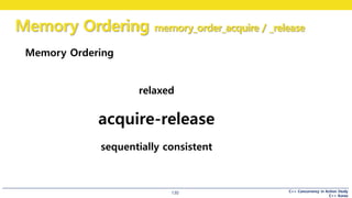 C++ Concurrency in Action Study
C++ Korea
Memory Ordering memory_order_acquire / _release
130
Memory Ordering
relaxed
acquire-release
sequentially consistent
 