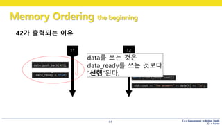 C++ Concurrency in Action Study
C++ Korea
Memory Ordering the beginning
84
42가 출력되는 이유
data를 쓰는 것은
data_ready를 쓰는 것보다
“선행”된다.
 