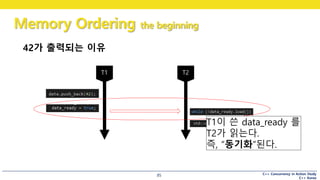 C++ Concurrency in Action Study
C++ Korea
Memory Ordering the beginning
85
42가 출력되는 이유
T1이 쓴 data_ready 를
T2가 읽는다.
즉, “동기화”된다.
 