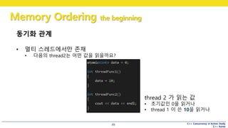 C++ Concurrency in Action Study
C++ Korea
Memory Ordering the beginning
89
동기화 관계
• 멀티 스레드에서만 존재
• 다음의 thread2는 어떤 값을 읽을까요?
thread 2 가 읽는 값
• 초기값인 0을 읽거나
• thread 1 이 쓴 10을 읽거나
 